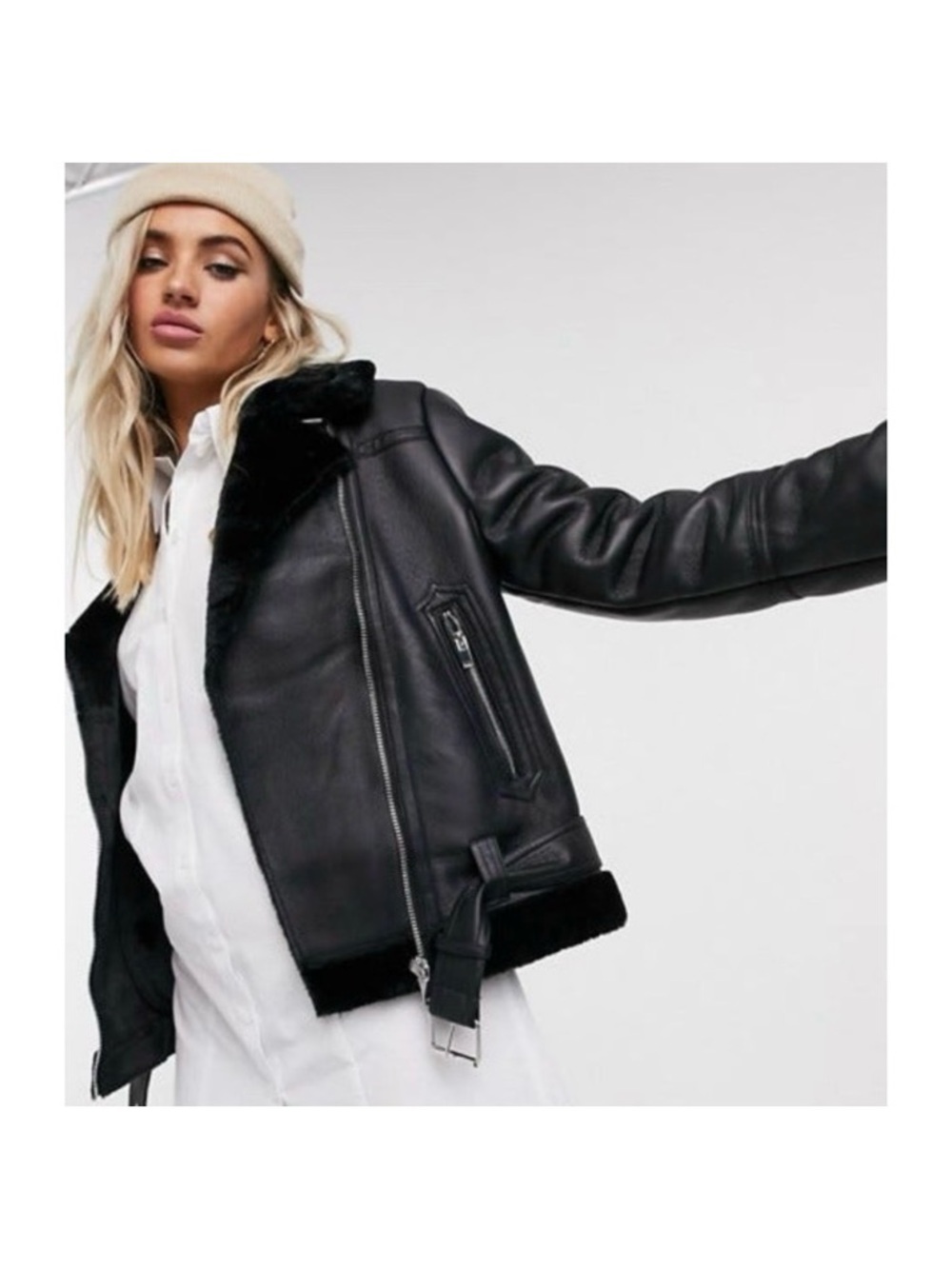 Topshop Black Faux Leather Aviator Biker Jacket Women's Size 6 Going Out Moto